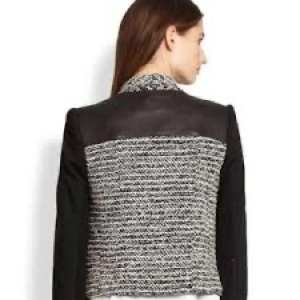 Alice Olivia Burma Drape Lapel Jacket Black White‎ Open Tweed Leather Shoulder 2 - Picture 7 of 12